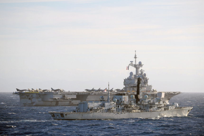 US Destroyer and Allied Warships Part of French Navy Carrier Strike Group in Mediterranean